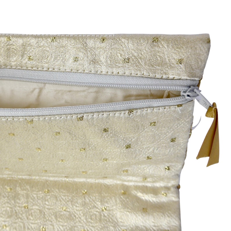 Fully lined and interlined FOLD-OVER CLUTCH Cream and Gold with fine Lace in ivory,\u00a0zip closure.\u00a0 Made /'in-house/' by Arte/'fice