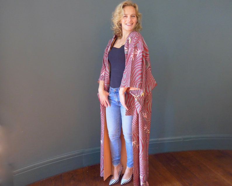 BAMBOO WATER vintage Silk Japanese Kimono with wave and bamboo motifs