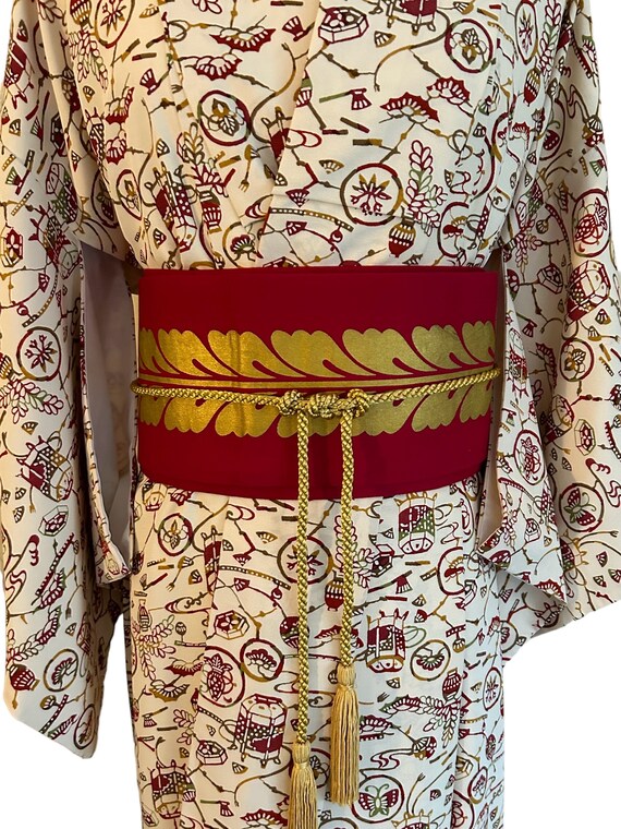 RED/GOLD OBI, Vintage Japanese Kimono Belt, Dark Red and Gold 
