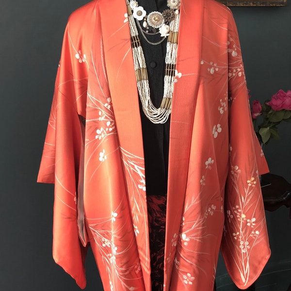 JAPANESE HAORI, Coral White, silk Kimono jacket in coral and white, duster coat,