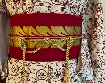 OBI ROUGE/OR, ceinture de kimono japonais vintage, rouge foncé et or, écharpe