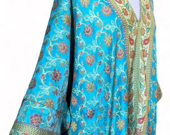 JAZZY KAFTAN JC1, vintage Indian Silk, handmade by us, unique, turquoise with woven flowers & paisley