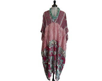 VINTAGE SILK KAFTAN j14 'Raspberry Ripple', up-cycled Indian sari, loungewear, beachwear, housedress, muumuu, ladies, raspberry pink green