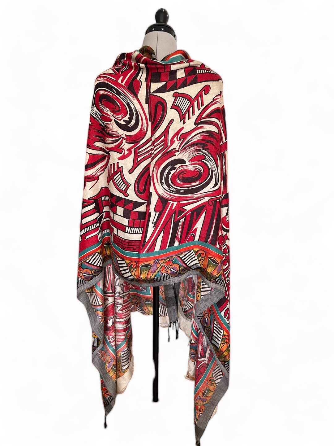 VINTAGE WOOL SHAWL C.1950s Indian, Abstract Musical Instrument Motifs ...