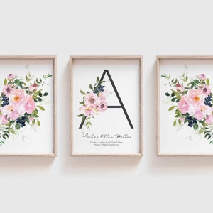 conjunto de estampado de nacimiento rosa floral, conjunto de estadísticas de nacimiento de niñas, arte de guardería floral, arte de monograma de niñas, carta floral, ARCHIVO DIGITAL, parto personalizado de niñas
