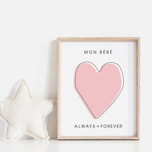 mon bébé siempre y para siempre, niñas francés infantil impresión, corazón rosa, corazón amarillo, amor corazón impresión, decoración de la guardería francesa, mi bebé para siempre