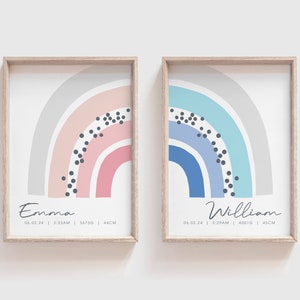 Impresiones de nacimiento de gemelos, niño y niña gemelos, juego de arte para guardería de gemelos, arte de nacimiento personalizado, juego de impresiones de nacimiento de gemelos, regalo de gemelos recién nacidos, arte de arcoíris para guardería