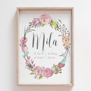 boho corona impresión de nacimiento, arte personalizado de las niñas, niñas área de nacimiento, niñas impresión de la guardería, arte de nacimiento floral boho, archivo DIGITAL, vivero boho