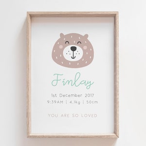 llevar el anuncio de nacimiento, archivo DIGITAL, la estadística de nacimiento del niño recién nacido, llevan la estadística del nacimiento, oso de la pared de la guardería, cartel de nacimiento personalizado, oso lindo