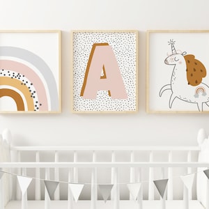 juego de impresión de unicornio para niñas, arte de unicornio arco iris, juego de impresión de letras personalizadas, conjunto de impresión de monograma para niñas, arco iris, unicornio, arte de pared scandi para niñas