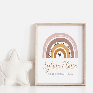 estampado de nacimiento arco iris boho, estadística de nacimiento arco iris, arte de guardería boho, impresión personalizada para niñas, arte arco iris boho, terracota, naranja quemado, regalo para recién nacidos