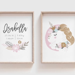 unicornio conjunto de impresión de nacimiento, archivos digitales, cartel de unicornio personalizado, arte de vivero de unicornio, estadística de nacimiento de unicornio, vivero de unicornio de las niñas