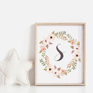 monograma floral em aquarela, impressão de monograma boho para meninas, carta para meninas, estatísticas de nascimento de carta para meninas, impressão de berçário floral, arte de berçário botânico