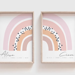 Impresión de nacimiento de niñas gemelas, juego de arte para guardería de gemelos, arte de nacimiento personalizado de niñas gemelas, juego de impresión de nacimiento de gemelos, regalo de gemelos recién nacidos, arte de arcoíris para guardería