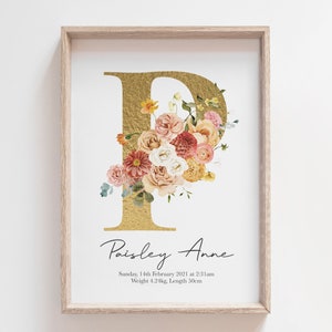 impressão de nascimento boho, impressão de nascimento dourado para meninas, letra floral dourada, arte de berçário personalizada, flores boho, monograma de impressão de berçário boho laranja queimado