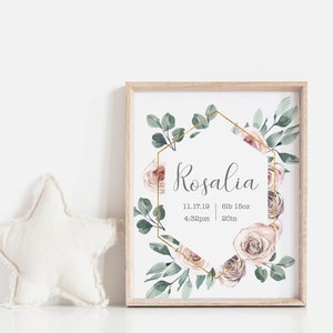 estampado floral de nacimiento de rosas, estampado de nacimiento de rosas para niñas, guardería de rosas para niñas, estadística de nacimiento de rosas para niñas, arte de guardería de rosas, regalo de nacimiento para niñas recién nacidas