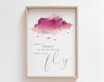 what if i fall? oh but my darling what if you fly, nursery quote, watercolour nursery art, girls wall art, nursery printable, sky, birds