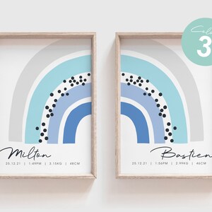 twin boys birth print, twins nursery art set, twin boys custom birth art, twins birth print set, newborn twins gift, nursery rainbow art Blue