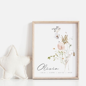 estampado de nacimiento de flores silvestres, estadísticas de nacimiento botánicos, arte de vivero floral, flores silvestres, arte de vivero boho, estampado de nacimiento floral boho, regalo de bebé para niñas