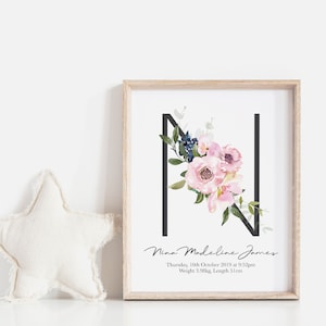 carta floral grabado en nacimiento, impresión de nacimiento de las niñas, impresión de nacimiento monograma, arte de la pared de la guardería de las niñas, impresión del alfabeto, archivo DIGITAL, regalo de niña