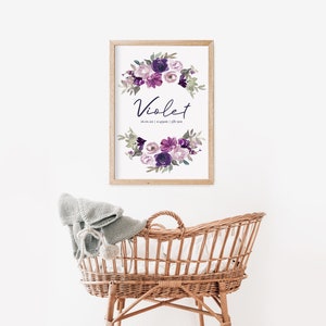 violet floral birth print, baby girl birth stat, purple floral birth stat, girl birth print, purple nursery art, violet flower nursery art