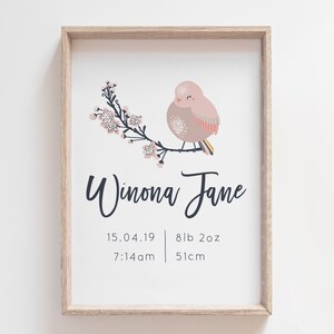pájaro en una rama, impresión de nacimiento personalizada de las niñas, estadística de nacimiento de las niñas, estadística de nacimiento de aves, arte de la pared del vivero de aves, archivo DIGITAL, cartel de nacimiento de aves