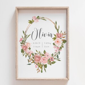 impresión de nacimiento de corona de rosa, impresión personalizada de niñas, arte de guardería de rosas, arte de guardería personalizado de niñas, ARCHIVO DIGITAL, arte personalizado de niña, estadística de nacimiento