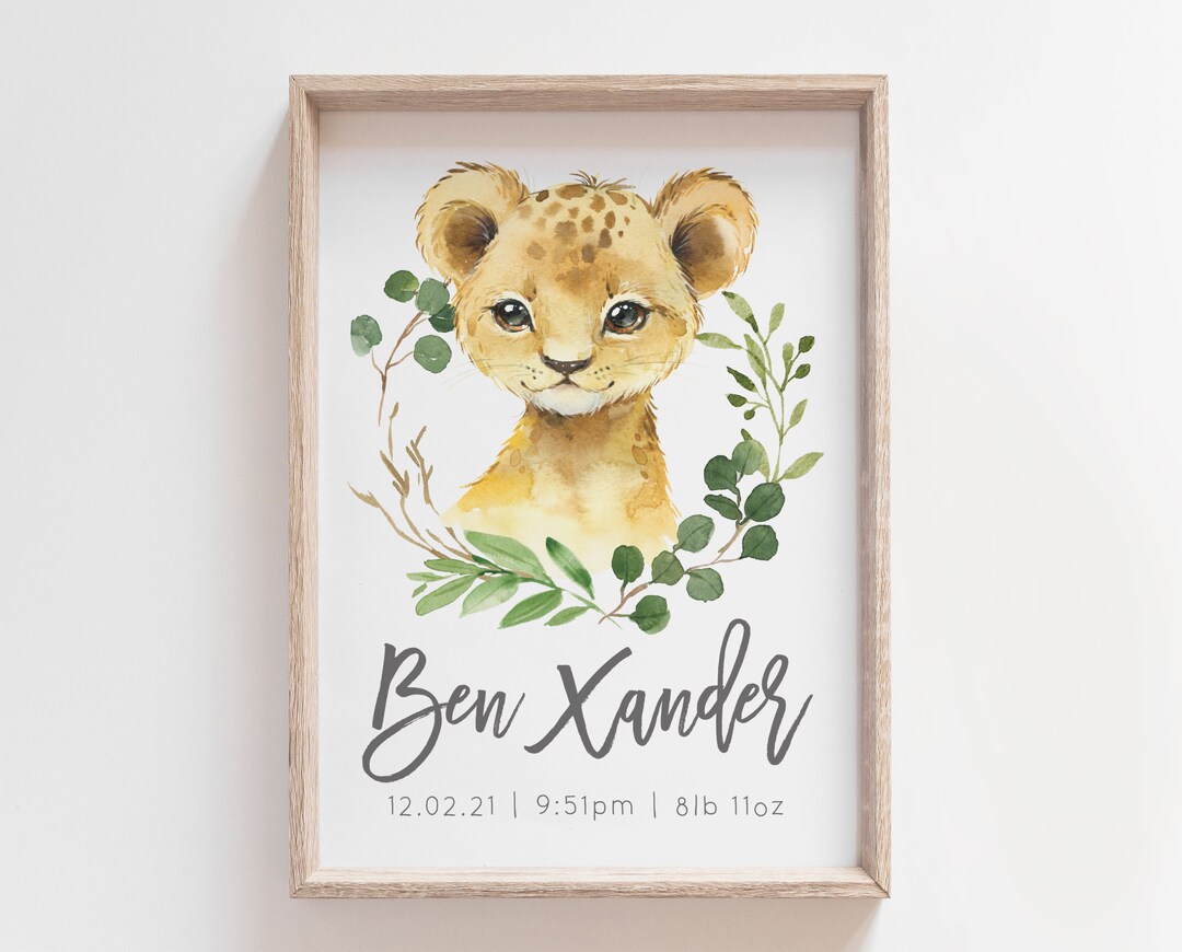 Lion Birth Stat Lion Birth Announcement Lion Personalised Art Safari 