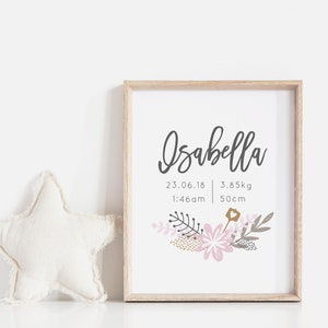 anuncio de nacimiento floral, impresión de nacimiento personalizada de las niñas, estadística de nacimiento de las niñas, impresión de nacimiento recién nacido, arte de pared de la guardería de niñas, regalo de la niña
