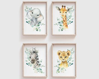 safari animal nursery prints, jungle nursery print set, elephant, giraffe, zebra, lion, safari baby animals art, jungle nursery animal print