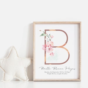 impressão de carta floral de nascimento, impressão de nascimento de meninas, monograma, ARQUIVO DIGITAL, arte de parede de berçário de meninas, flores de cerejeira, impressão de alfabeto personalizada