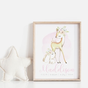 Waldfreunde Geburtsanzeige, Waldtiere, Mädchen Geburtsanzeige, Neugeborenen Geburtsanzeige, Hirsch, Hase, Waldtiere Kinderzimmer, DIGITALE DATEI