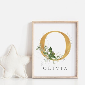 impressão de nascimento com monograma botânico, anúncio de nascimento com letra dourada, arte de berçário personalizada, impressão de berçário botânico, guirlanda de folhas, ARQUIVO DIGITAL