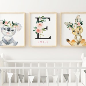 australian nursery art, aussie baby animal art,  girls animal print set, australian animal art, kangaroo, koala, echidna, native nursery art