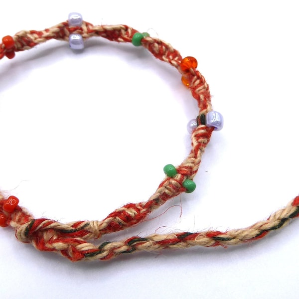 Beaded Linen Cord Bracelet. Surfer/Boho/Beach Wristband *Handmade* (orange)