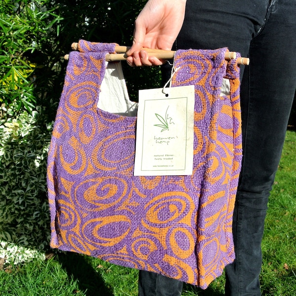 Hemp Shopper with Bamboo Handles; Handprinted