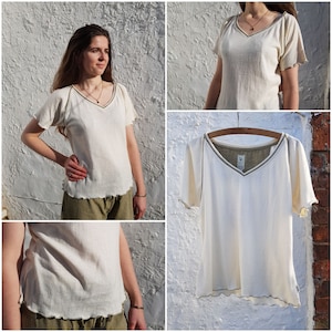 Hemp Ladies Top / T shirt in White w/ Green trim or White w/ Blue trim. Hemp drawstring trousers  *Handmade*