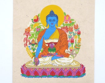 Medizinbuddha-Wandbehang, Bhaisajya. Handgedruckt auf Lokta-Papier *Baumfrei*