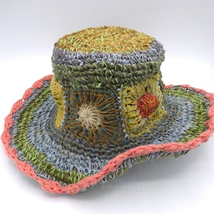 Foldable hemp sun hat with brim, Small. Colourful blue, green and pink crochet