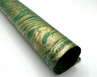 Marbled Lokta Paper Handmade in the Himalayas. Tree Free & Sustainable; Decorative/Book binding/Decoupage/Craft 60-80gsm. Green/Gold