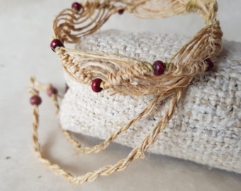 Natural Hemp beaded bracelet *Handmade* *Macrame knotted* Boho/Surfer/Beach Wristband, Wave Style with wooden beads.