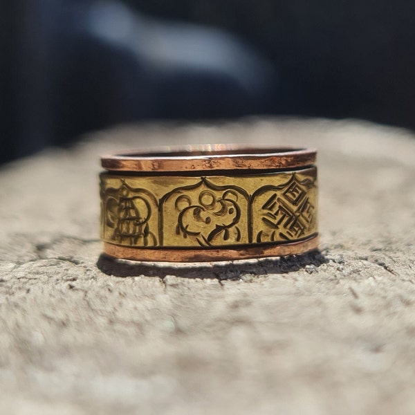 Copper and Brass Spinner Ring with Eight Auspicious Symbols, ''Asthamangala'' handmade in Nepal