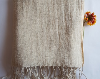 Hemp & Organic Cotton Scarf/Shawl, Handwoven/Handloom/Jacquard Large Diamond Weave *Natural Undyed*  Tassled