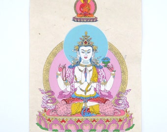 Tibetan Buddhism Wall Hanging 'Avalokiteshvara'. Hand-printed on Lokta Paper  *Tree-Free*