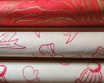 Lokta Paper Bundle - 3 Large Sheets 75 x50cm -  Red Xmas Gift Wrap Collection