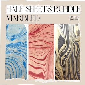 May include: A bundle of sixteen marbled half sheets. The sheets feature swirling patterns in blue, red, and black with gold accents. The text "HALF SHEETS BUNDLE" and "MARBLED" is displayed at the top of the image.