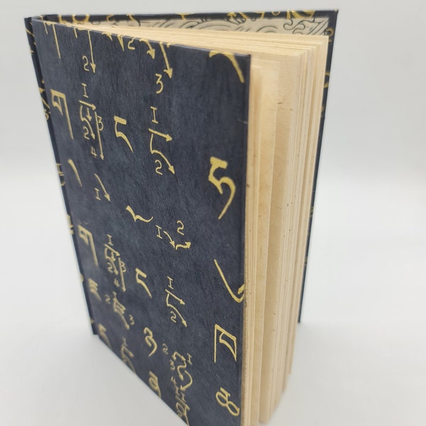 Handbound A5 Lokta Notebook. 42 pages. Tree-Free Paper . Tibetan Calligraphy Cover Print, Navy & Gold.