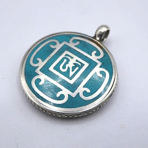 Handmade Turquoise and Lapis Lazuli Reversible Om Pendant, White Metal