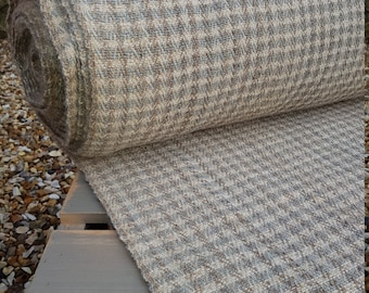 Himalayan Nettle & New Zealand Wool Fabric. Herringbone; Natural w/ Cream/blue stripe.