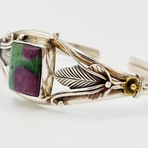 Handmade 925 Sterling Silver Ruby Zoisite Cuff/Bracelet; ''Dhairya''. Navajo-Ethnic Fusion, Adjustable.
